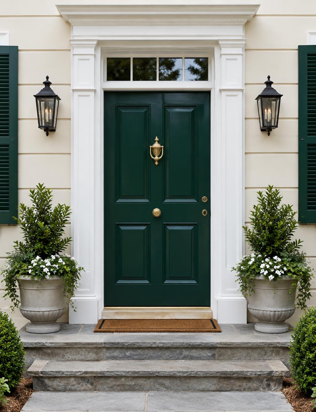 Forest green front door with crisp white architectural trim
