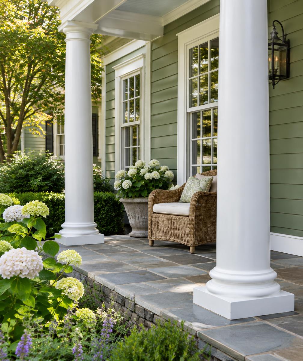 Sage siding and white columns on a welcoming porch