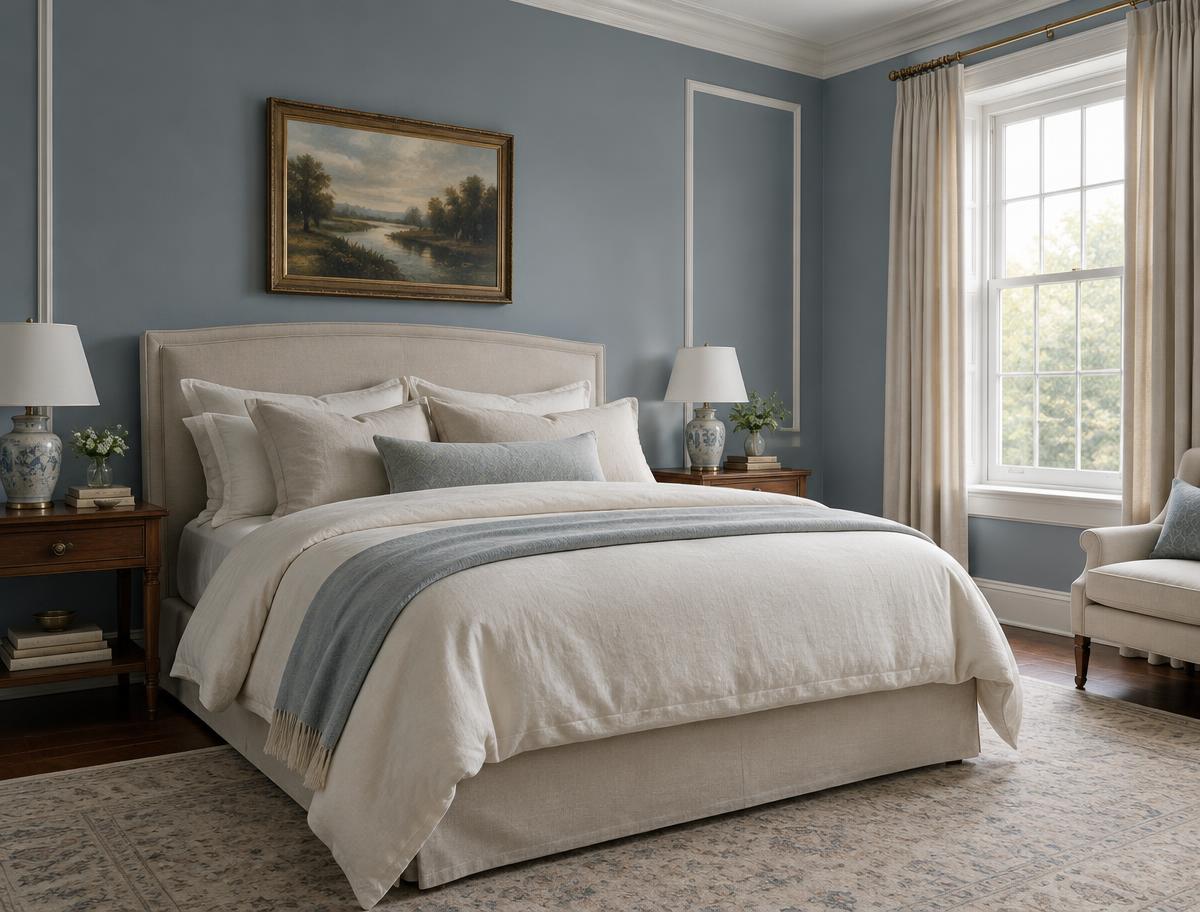 Muted blue bedroom with white trim and linen bedding