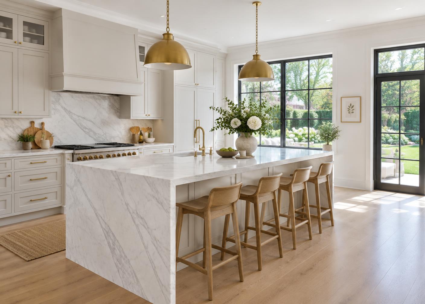 Ivory kitchen with white cabinetry and marble island
