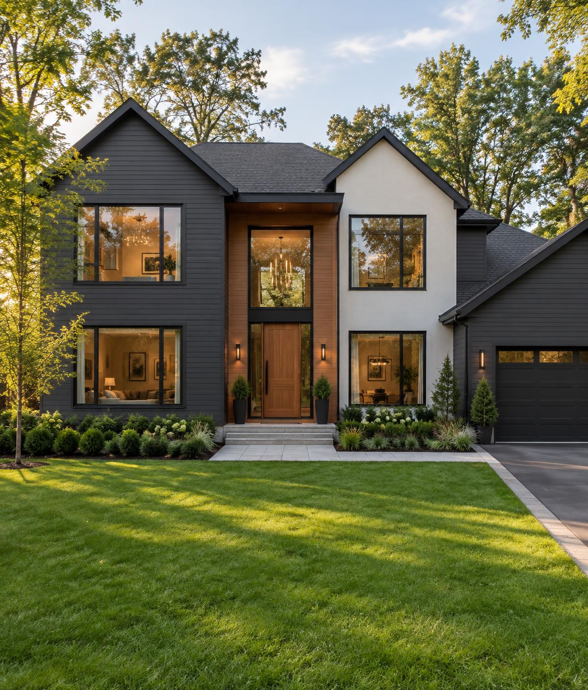 Contemporary charcoal and white house with warm wood entrance