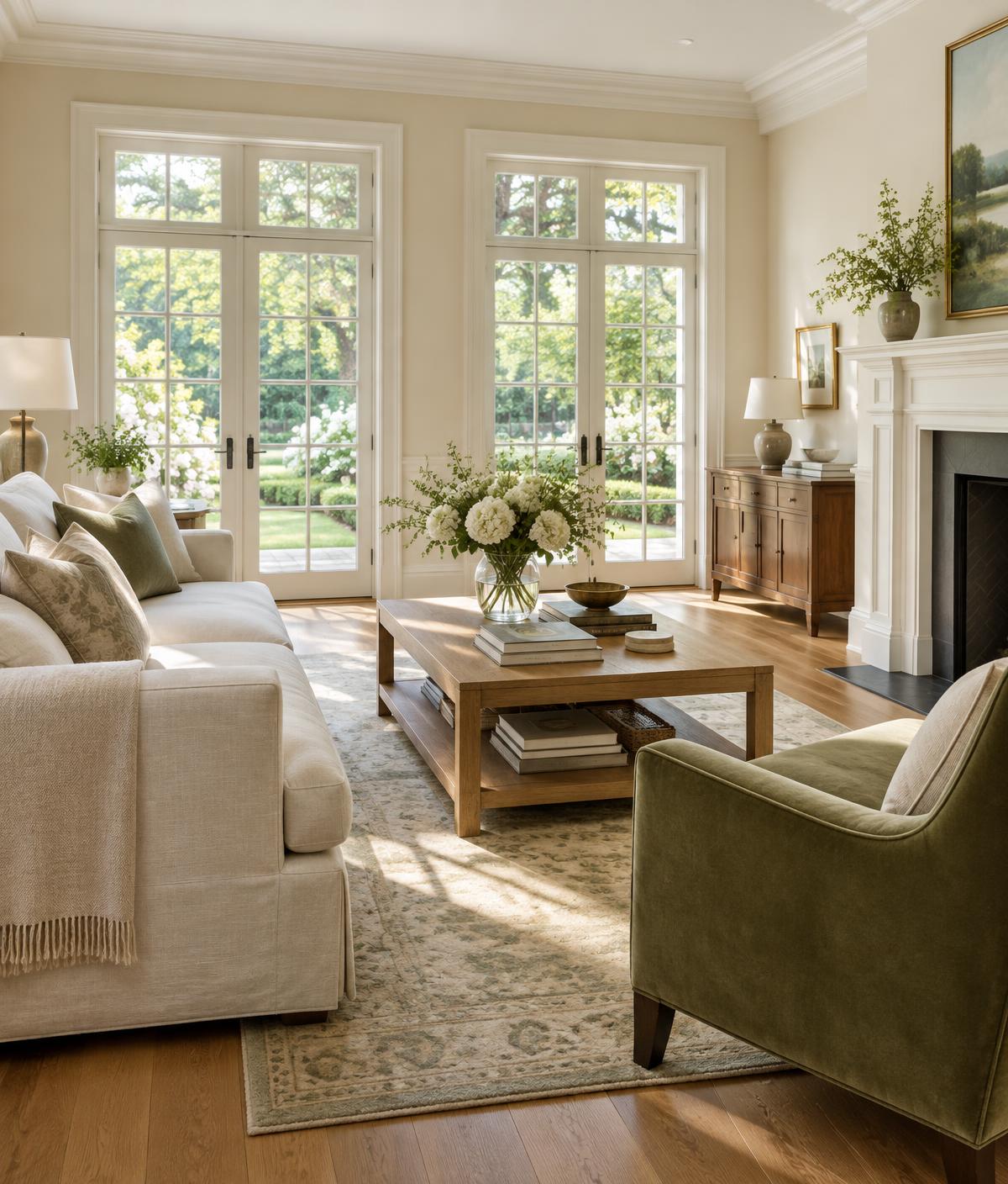 Sunlit ivory living room with finely finished white trim