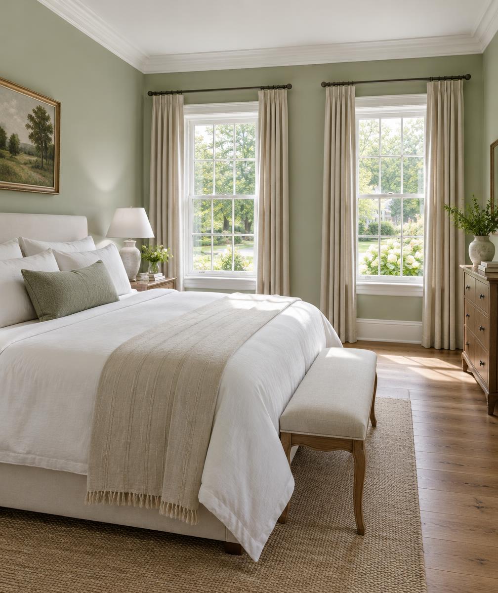 Soft green bedroom with white crown molding