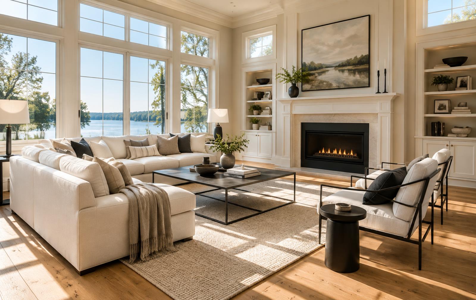 Airy contemporary family room with warm neutral walls