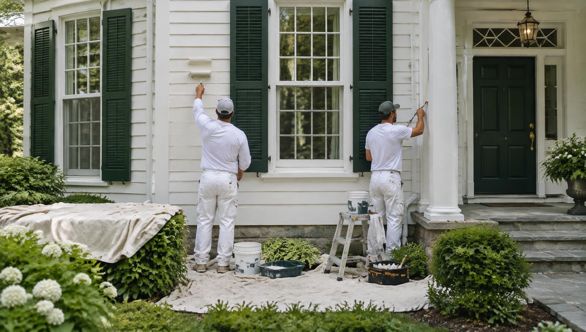 Illustrative painting crew applying fresh paint to the siding and trim of a colonial home