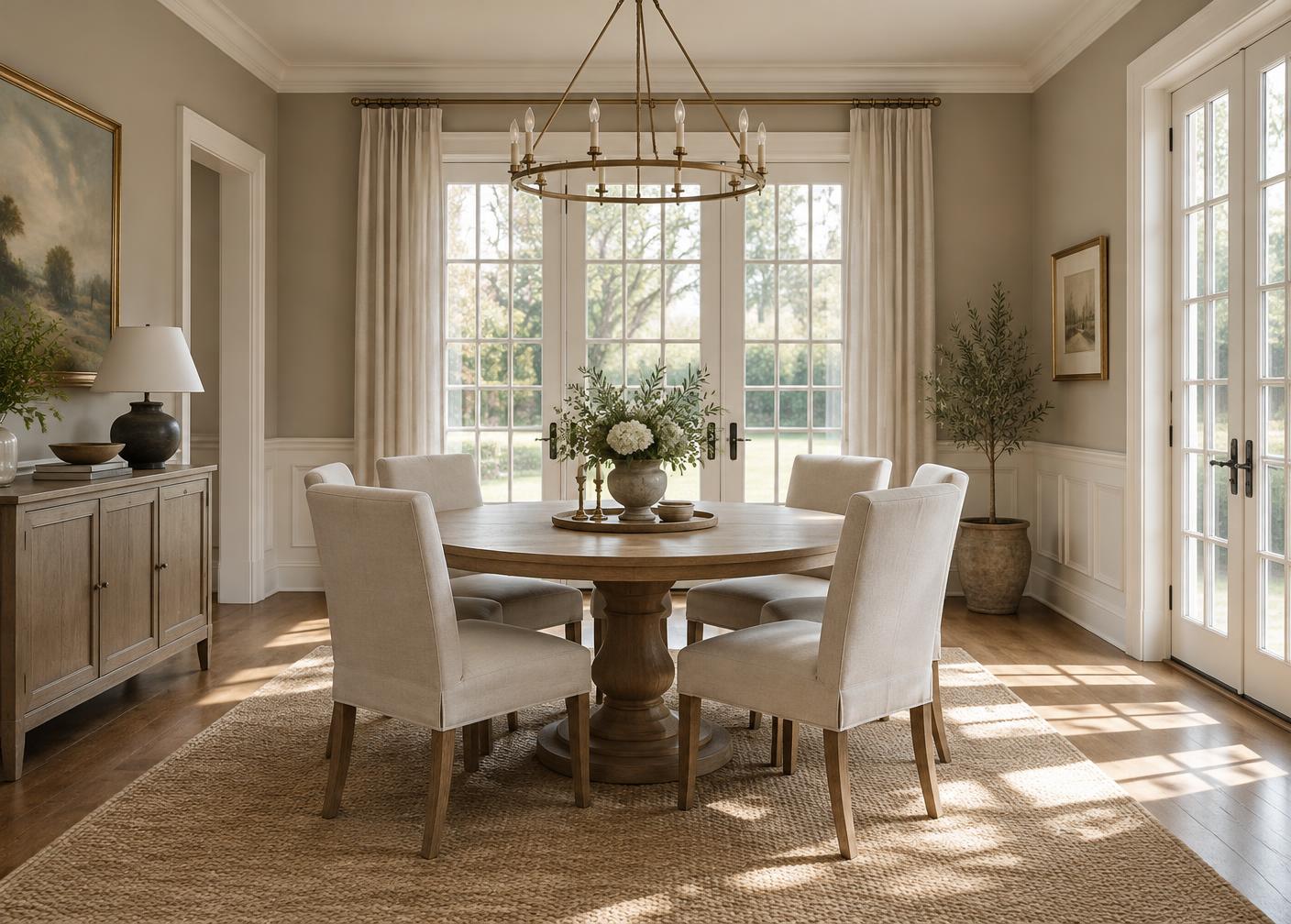 Warm greige dining room with white wainscoting