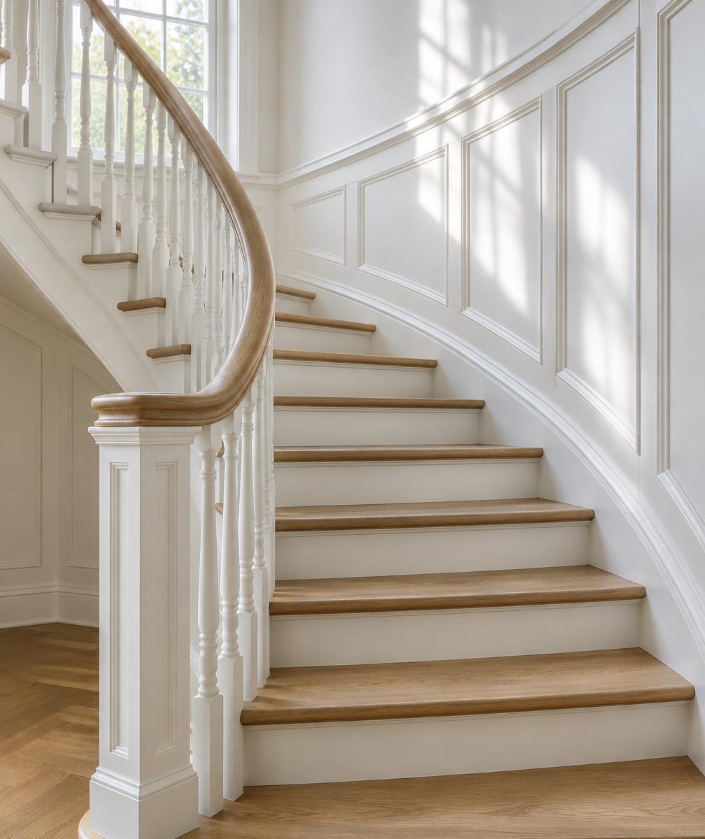 Crisp white staircase millwork with natural oak treads