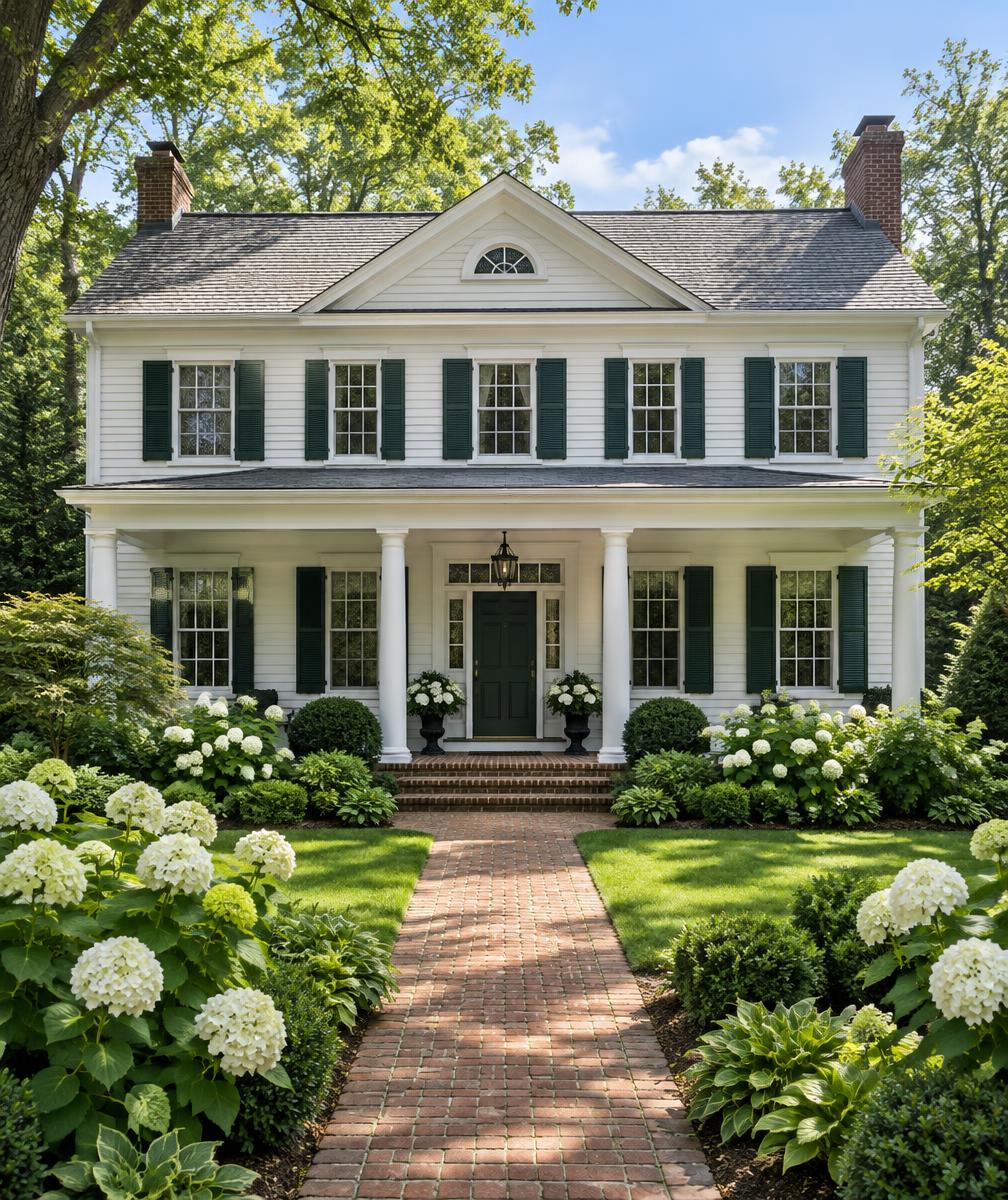 White colonial home with green shutters and landscaped entrance