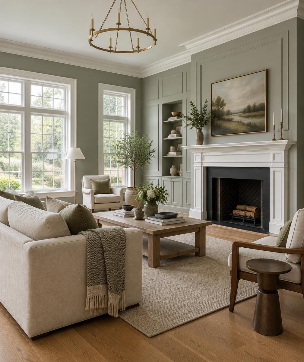 Sage living room with painted paneling and white fireplace