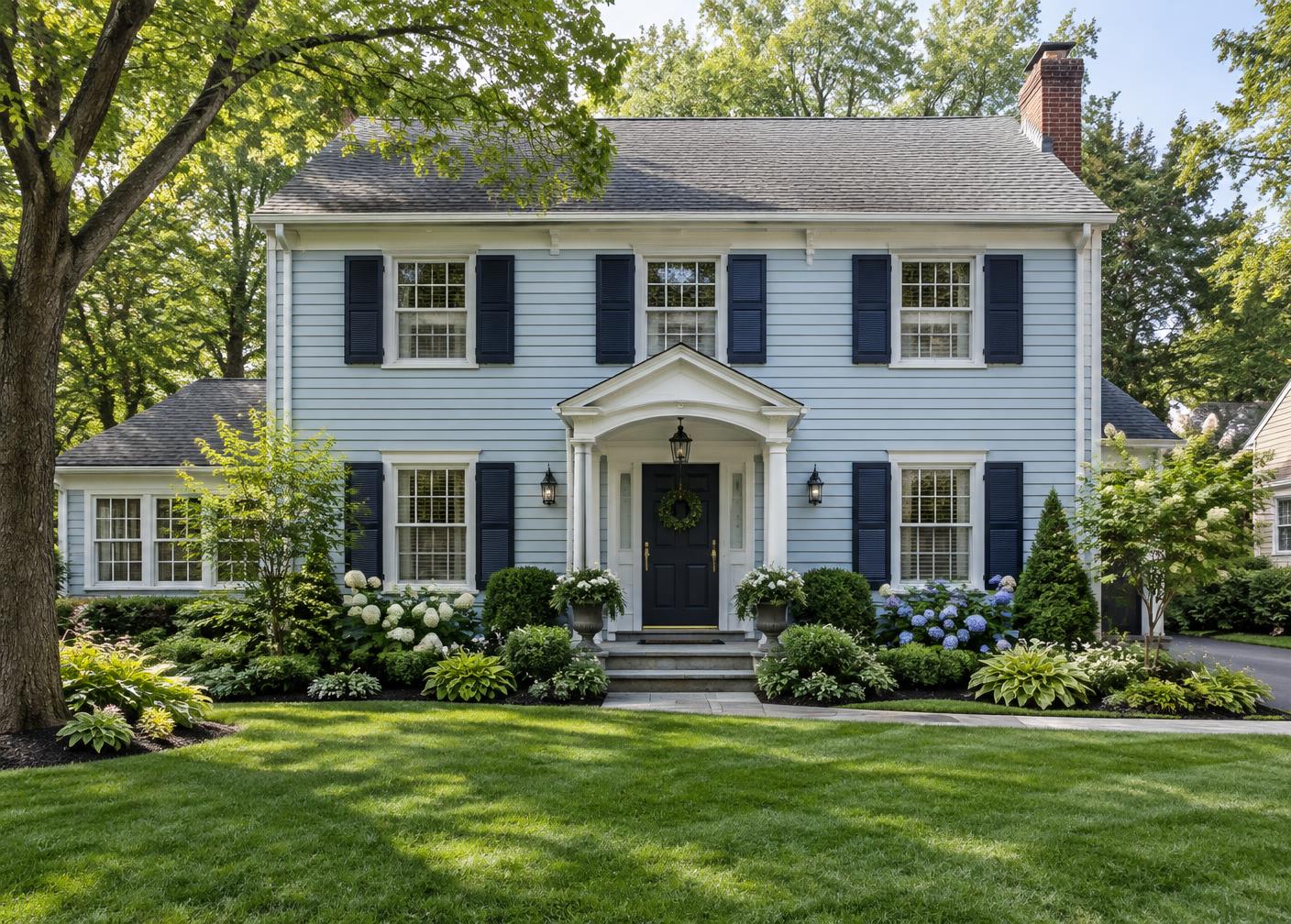 Pale blue traditional colonial with navy shutters