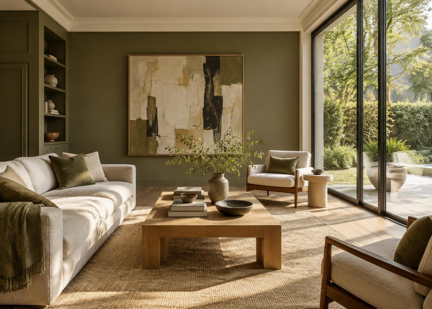 Contemporary olive living room with warm natural light