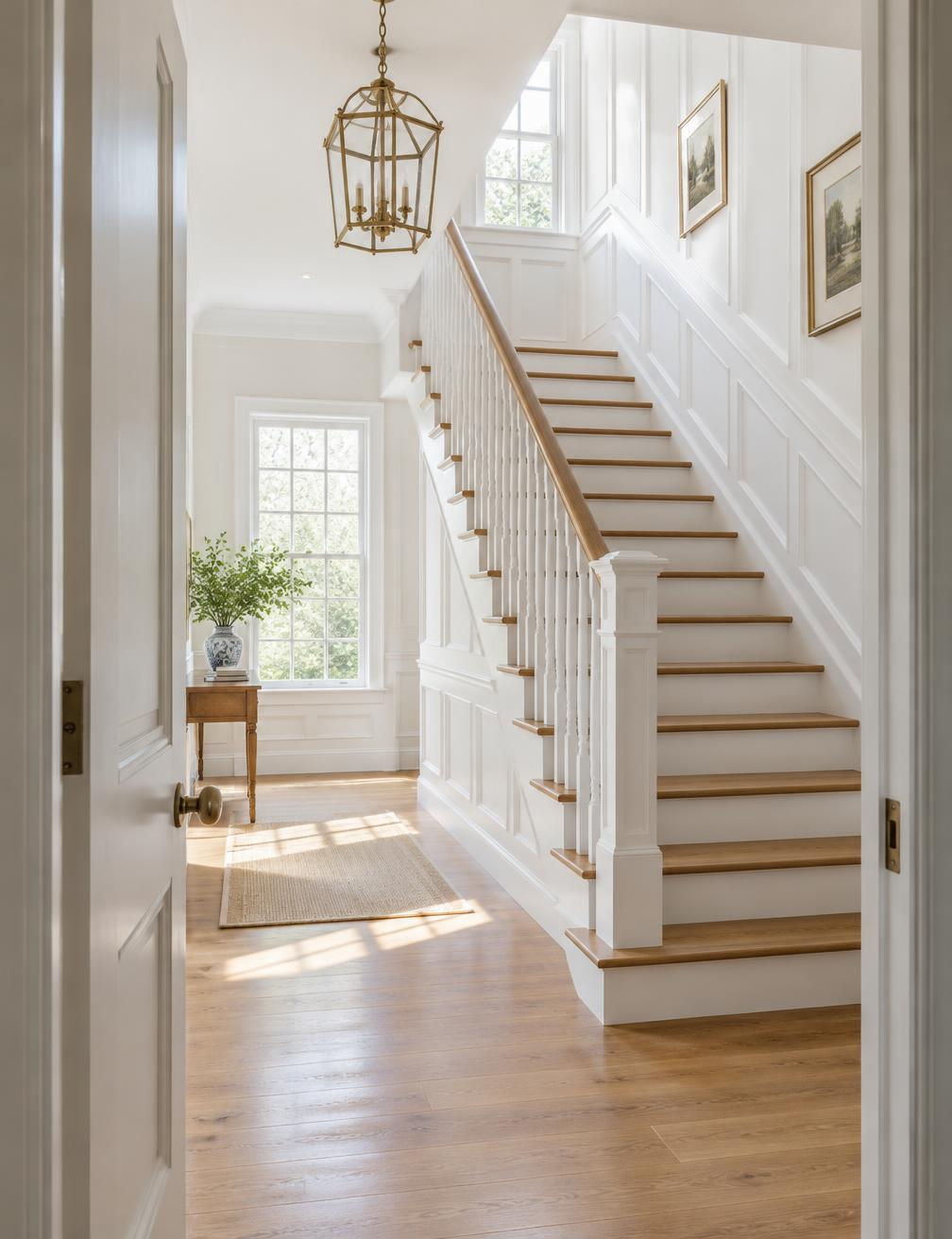 Elegant white stair hall with oak stairs and brass lantern
